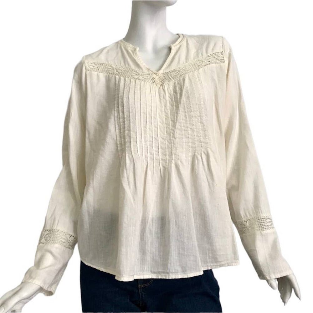 Old Navy Cream Peasant Boho Lace Cut Outs Pleated Front Long Sleeve Blouse - M